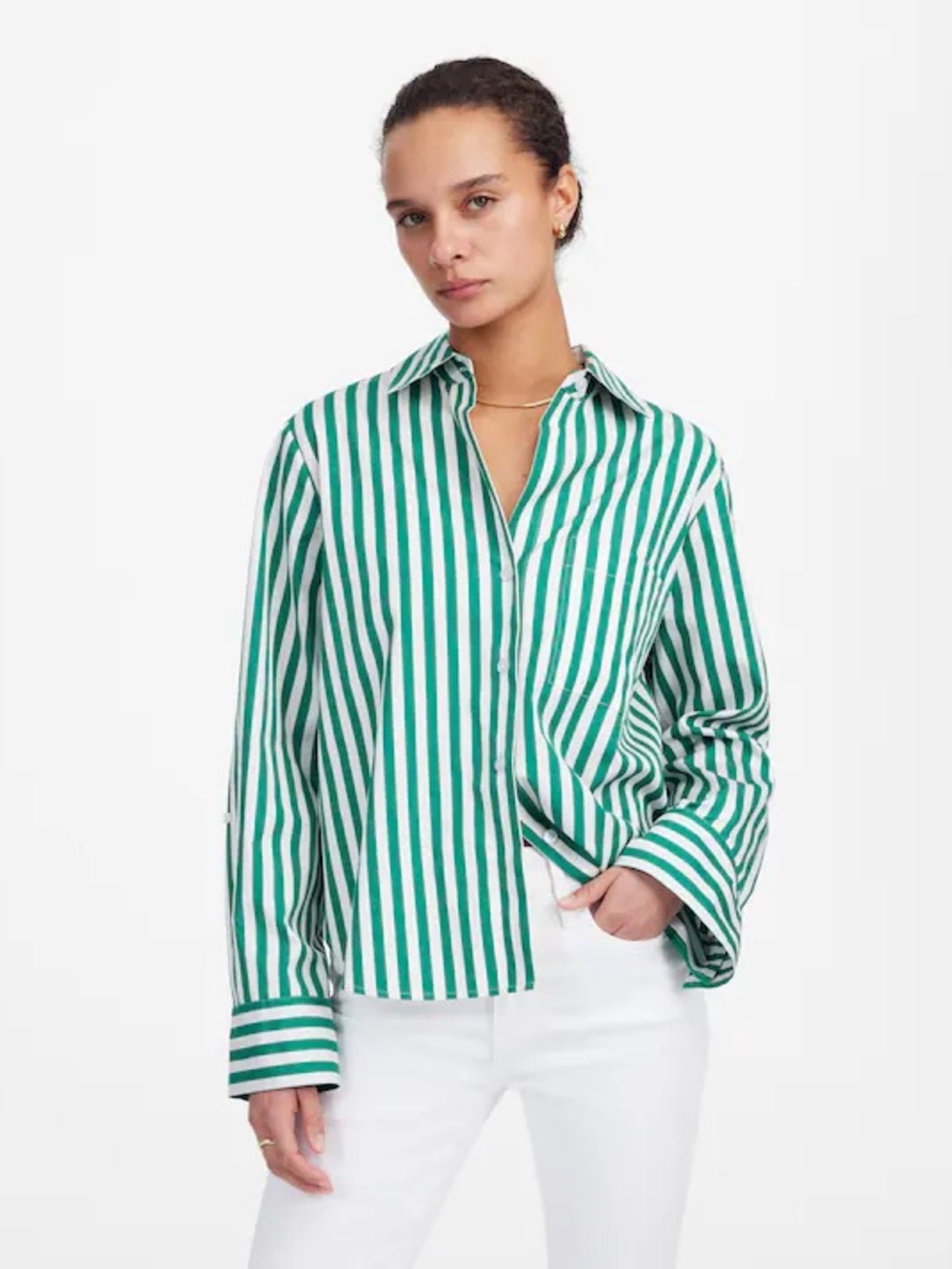 Madewell NWT Easy Y-Neck Button-Up Shirt Size Medium in Verdant Green Stripe